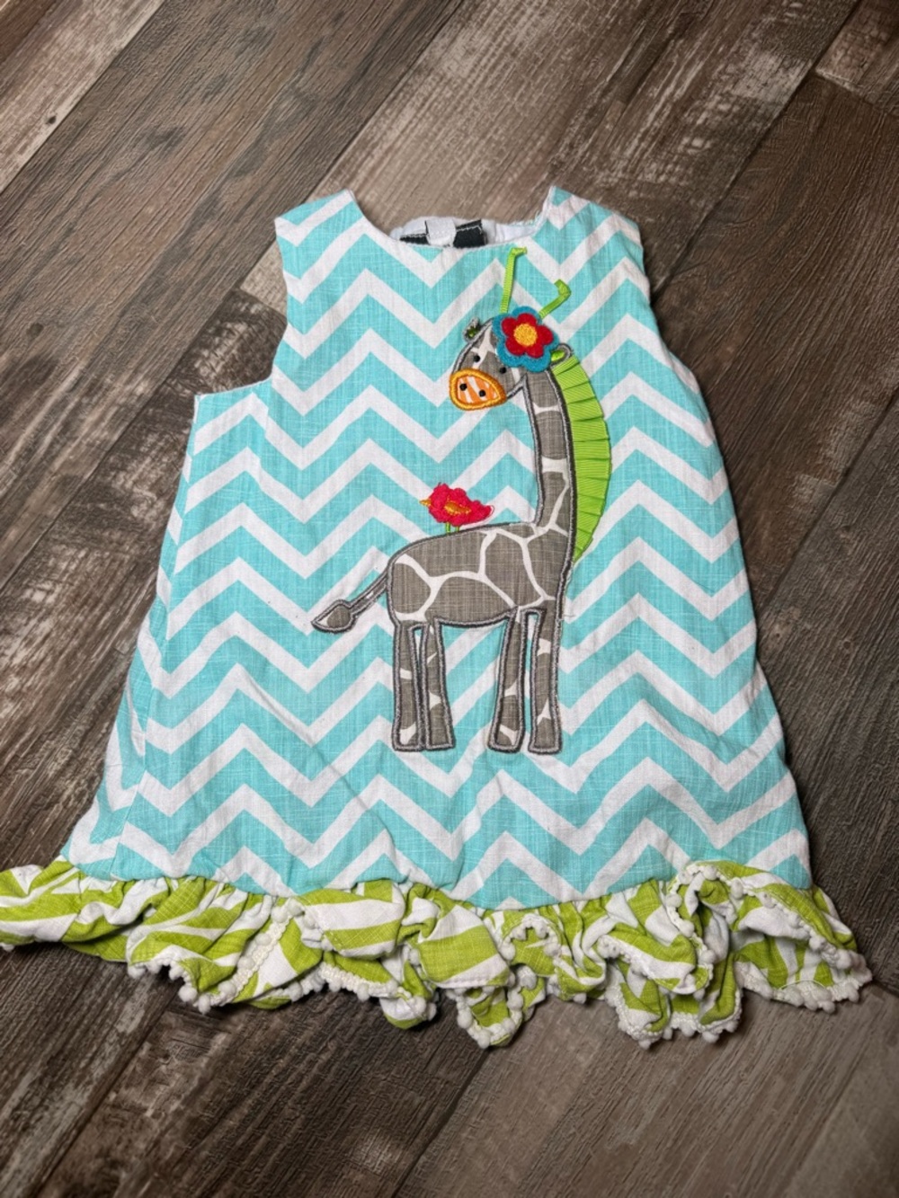 Mud Pie Aqua Chevron Dress with Lime Trim and Safari Giraffe Applique